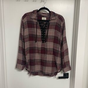 American Eagle Outfitters Burgundy Plaid Lace-Up Shirt